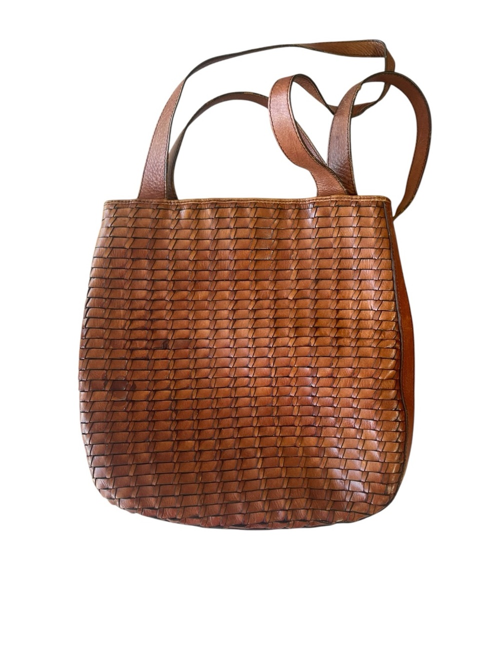 Vintage Fossil Woven Leather Shoulder Bag Tote Cognac Brown Boho Crossbody - Picture 8 of 14